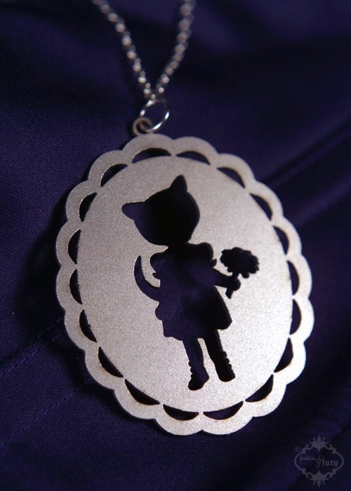 Kitty Cat Girl silhouette cameo necklace in stainless - large kitten pendant