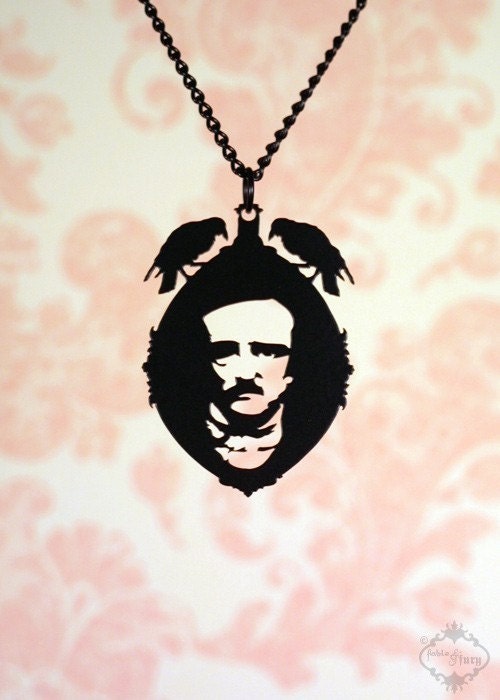 Edgar Allan Poe raven cameo necklace in black stainless steel - gothic horror book author portrait jewelry