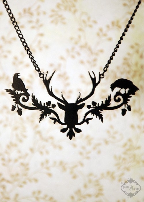 Deer Head Raven silhouette jewelry statement necklace in black stainless steel - steampunk stag with birds