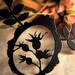 Victorian Framed Rose Hips and Leaves necklace in black stainless steel - silhouette statement flower jewelry