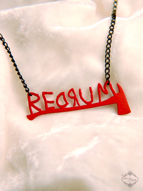REDRUM text necklace with axe inspired by The Shining in red stainless steel - horror jewelry