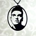 Morrissey homage silhouette necklace, musician portrait pendant in black stainless steel