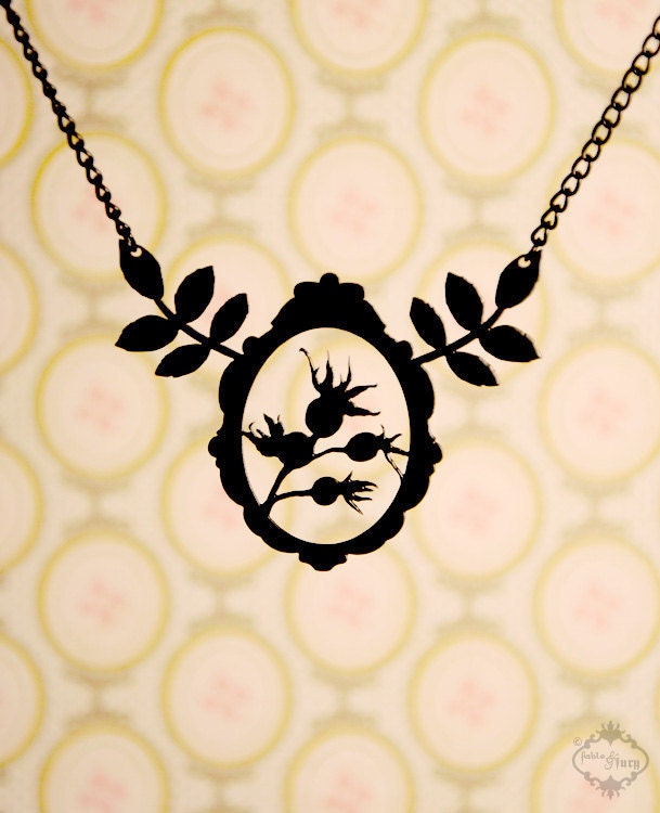 Victorian Framed Rose Hips and Leaves necklace in black stainless steel - silhouette statement flower jewelry