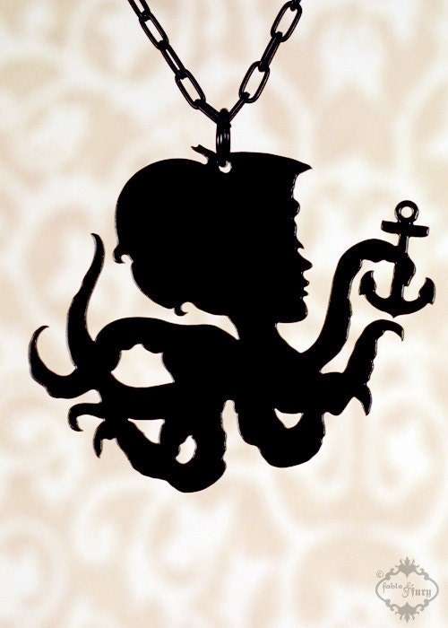Octopus Girl necklace in black stainless steel - large nautical silhouette octopus tentacle jewelry