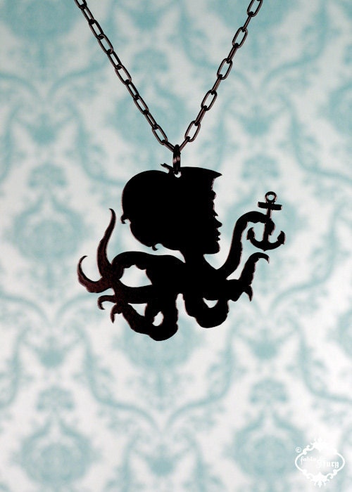 Octopus Girl necklace in black stainless steel - large nautical silhouette octopus tentacle jewelry
