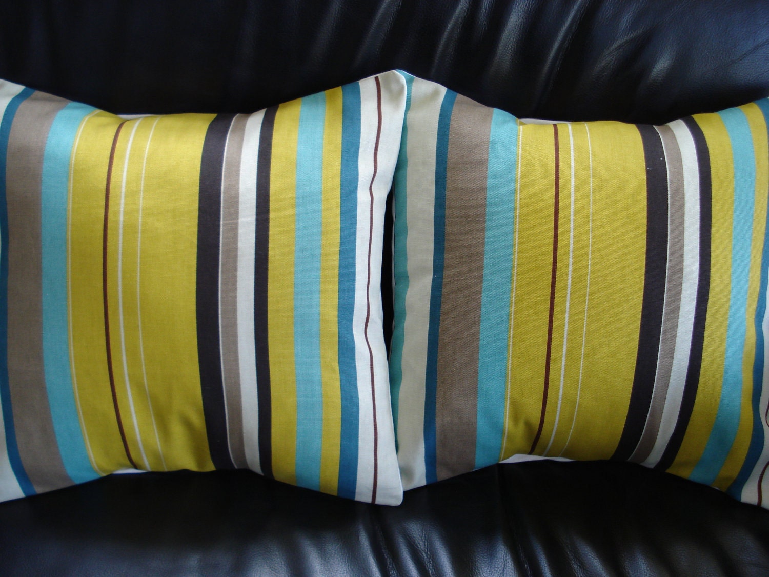 Pillow covers mustard yellow turquoise blue brown beige stripes design cushion shams UK designer fabric covers  16 x 16 inch handmade
