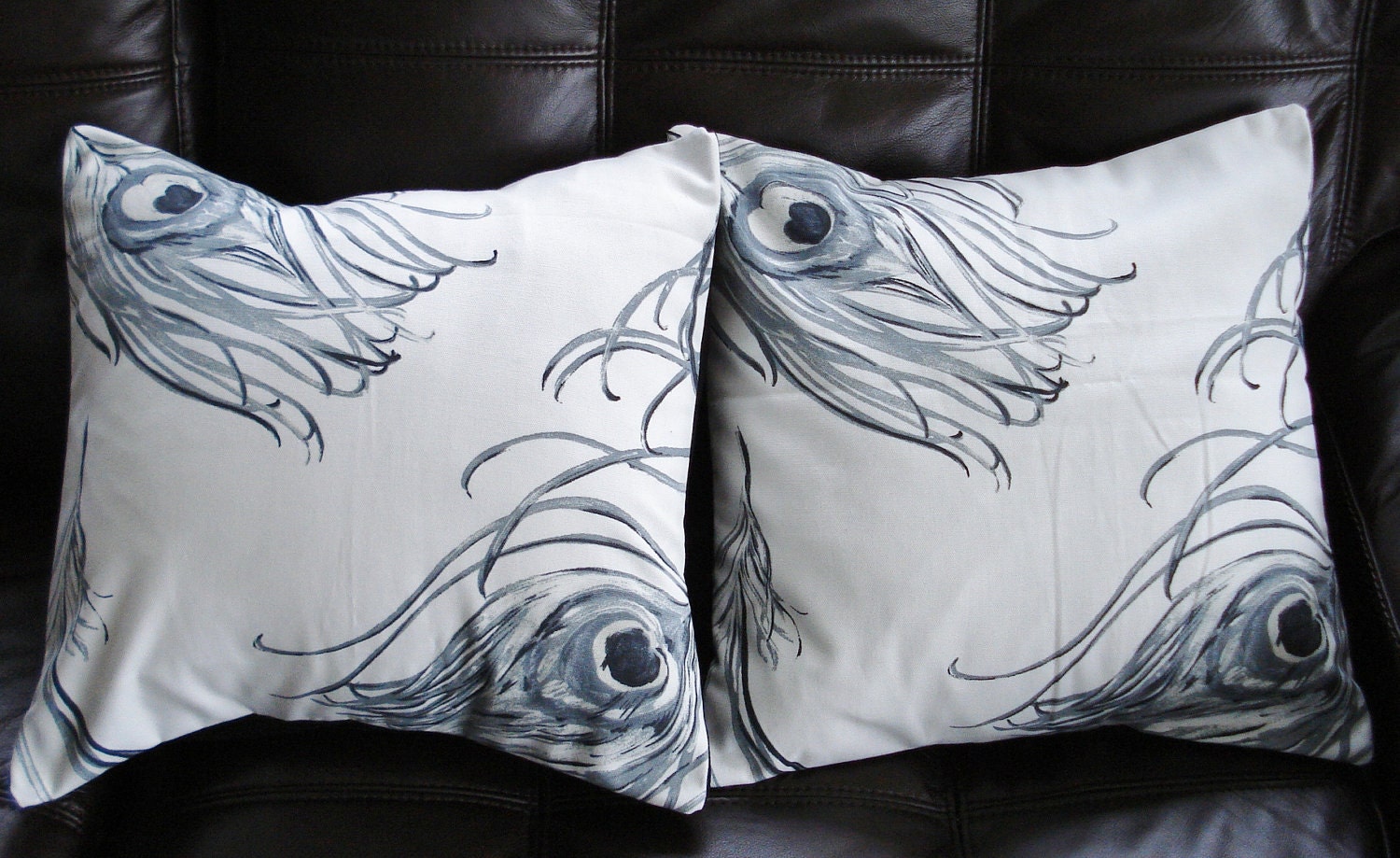 Throw pillow covers black grey gray graphite peacock feather design cushion shams UK designer fabric covers One 16 x 16  inch handmade