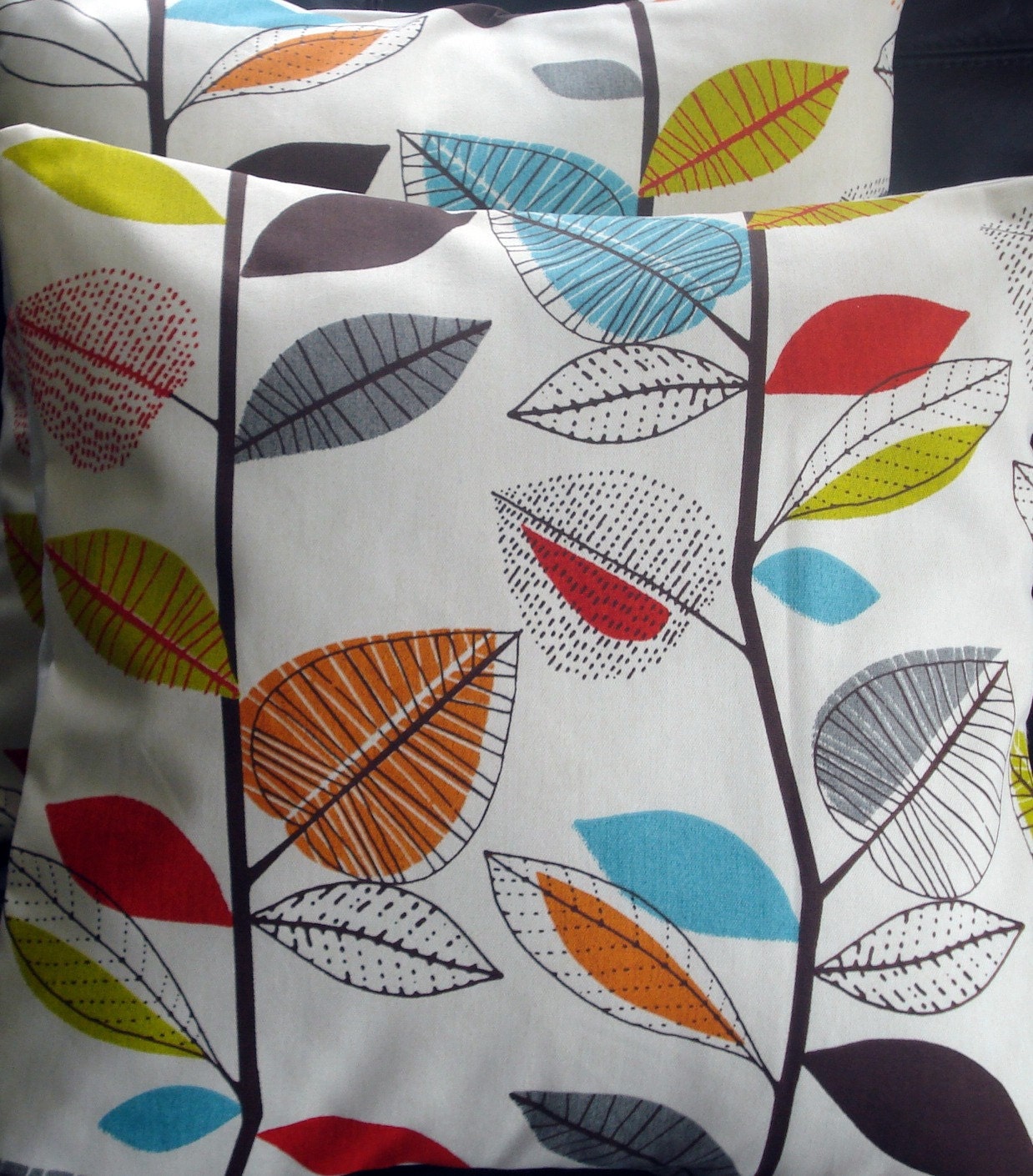 Decorative pillow turquoise blue red orange yellow green brown gray grey leaf  cushion shams UK designer fabric 16 x 16 inch