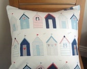 Beach huts seaside nautical blue red Cushion cover case sham  One 18 x 18 Throw pillow