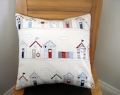 Decorative pillow beach huts seaside nautical red white blue Cushion cover case sham  One 16 x 16 Home decor