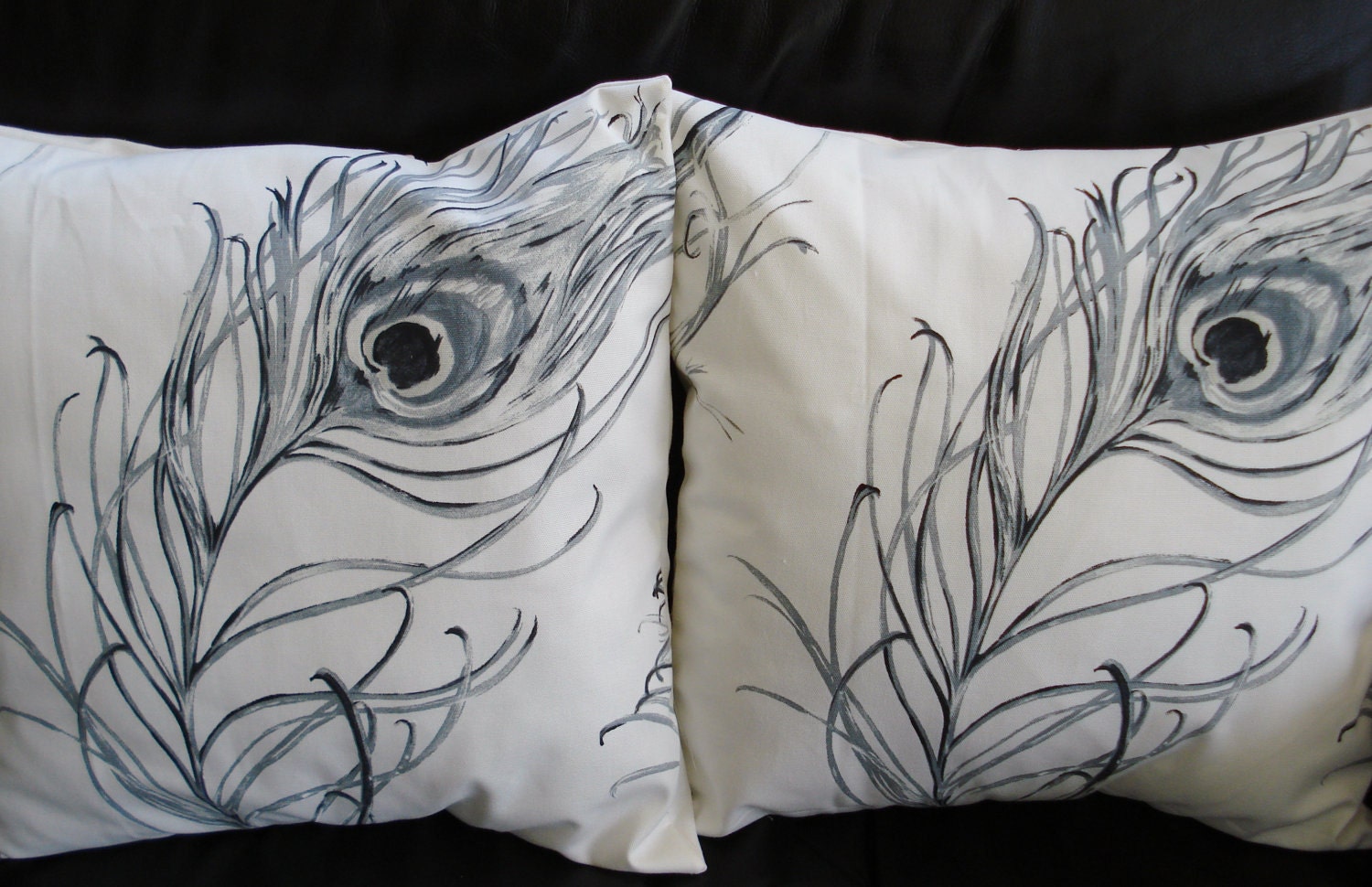 Throw pillow covers black grey gray graphite peacock feather design cushion shams UK designer fabric covers two 18 x 18 inch handmade