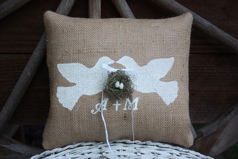 Burlap ring bearer pillow  personalized with initials and handmade nest