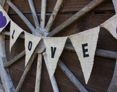 LOVE burlap banner with purple hearts