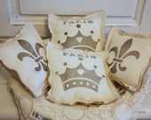 French inspired burlap pillows made with vintage feedsacks