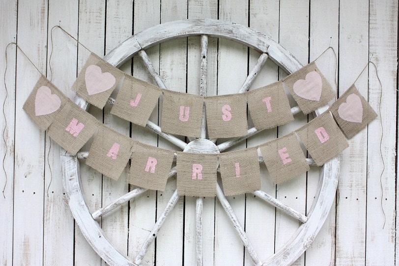Just Married rustic banner with pink font and hearts