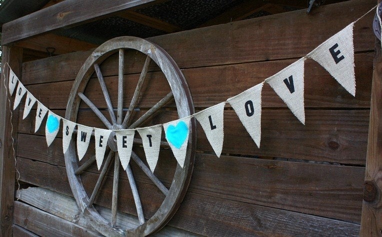 Love sweet love burlap banner with tiffany blue hearts