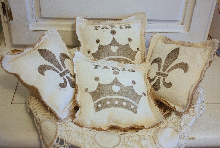 French inspired burlap pillows made with vintage feedsacks