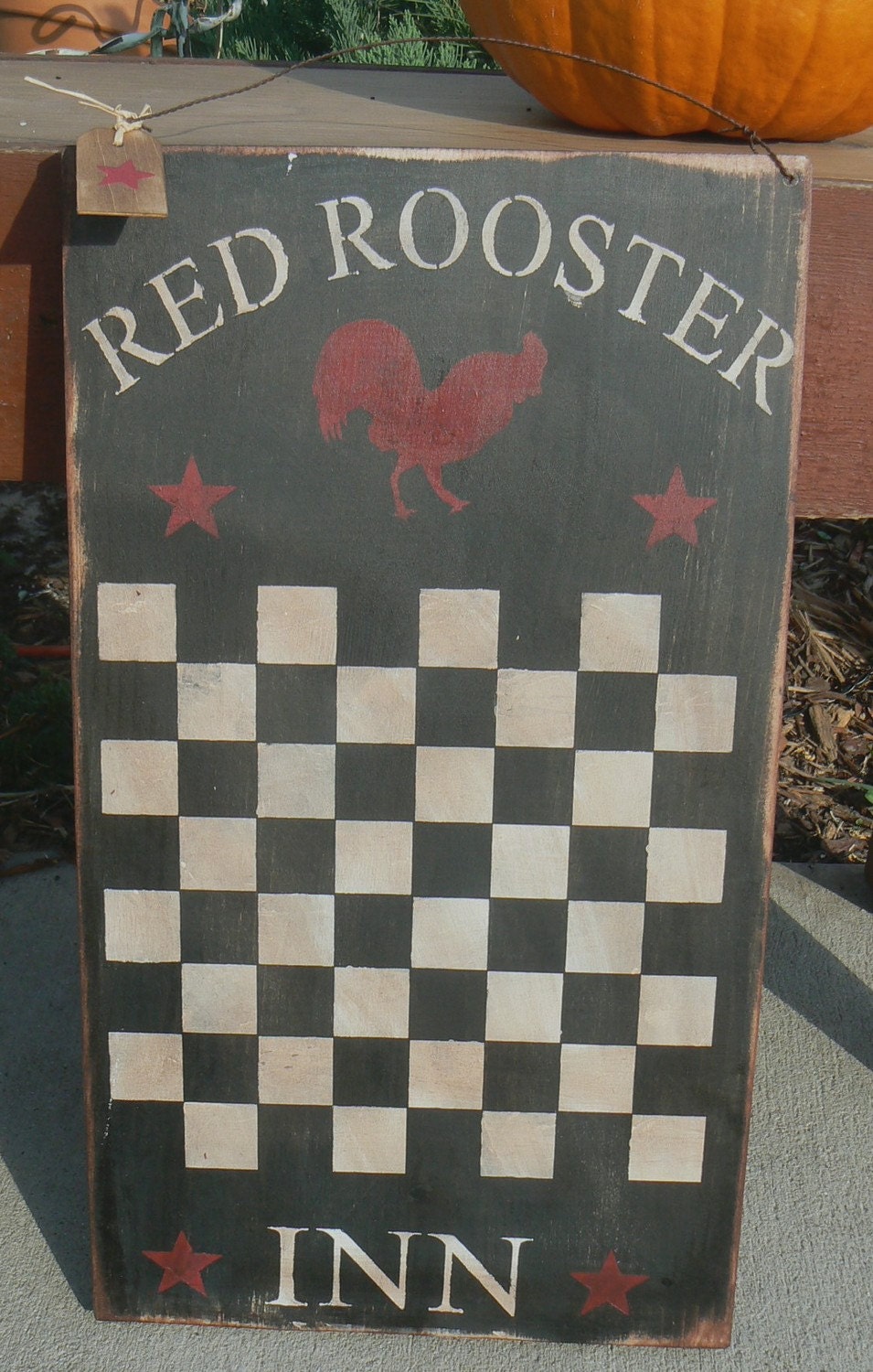 RED ROOSTER INN Primitive Folk Art Checkerboard Game Board Wood Sign
