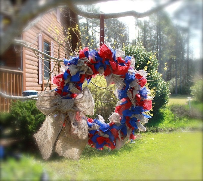 Primitive Burlap Wreath Red White Blue Fourth of July Americana Large