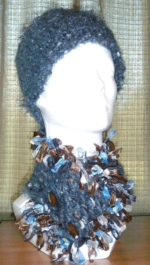 Trendy Hand knit and crochet Blue Neckwarmer / Handmade Cowl with ribbon fringes and wood buttons / Versatile women accessory