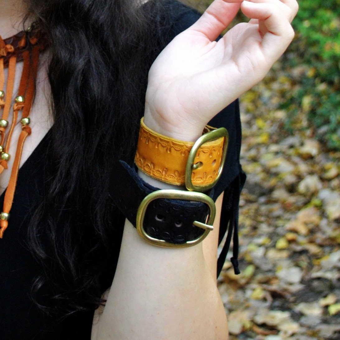 featherheart's signature leather buckle cuff in brown, black or sunshine with brass or silver buckle
