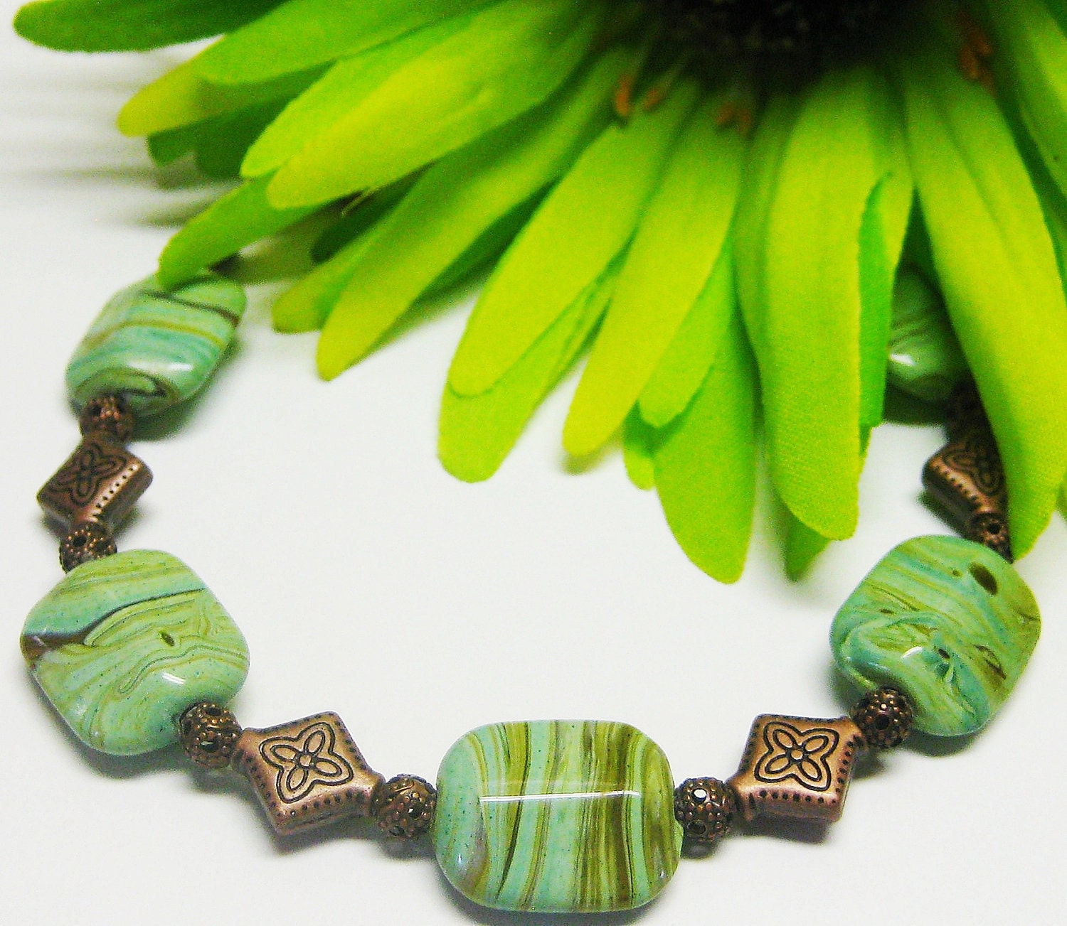 Green Hurricane Glass and Copper Bracelet