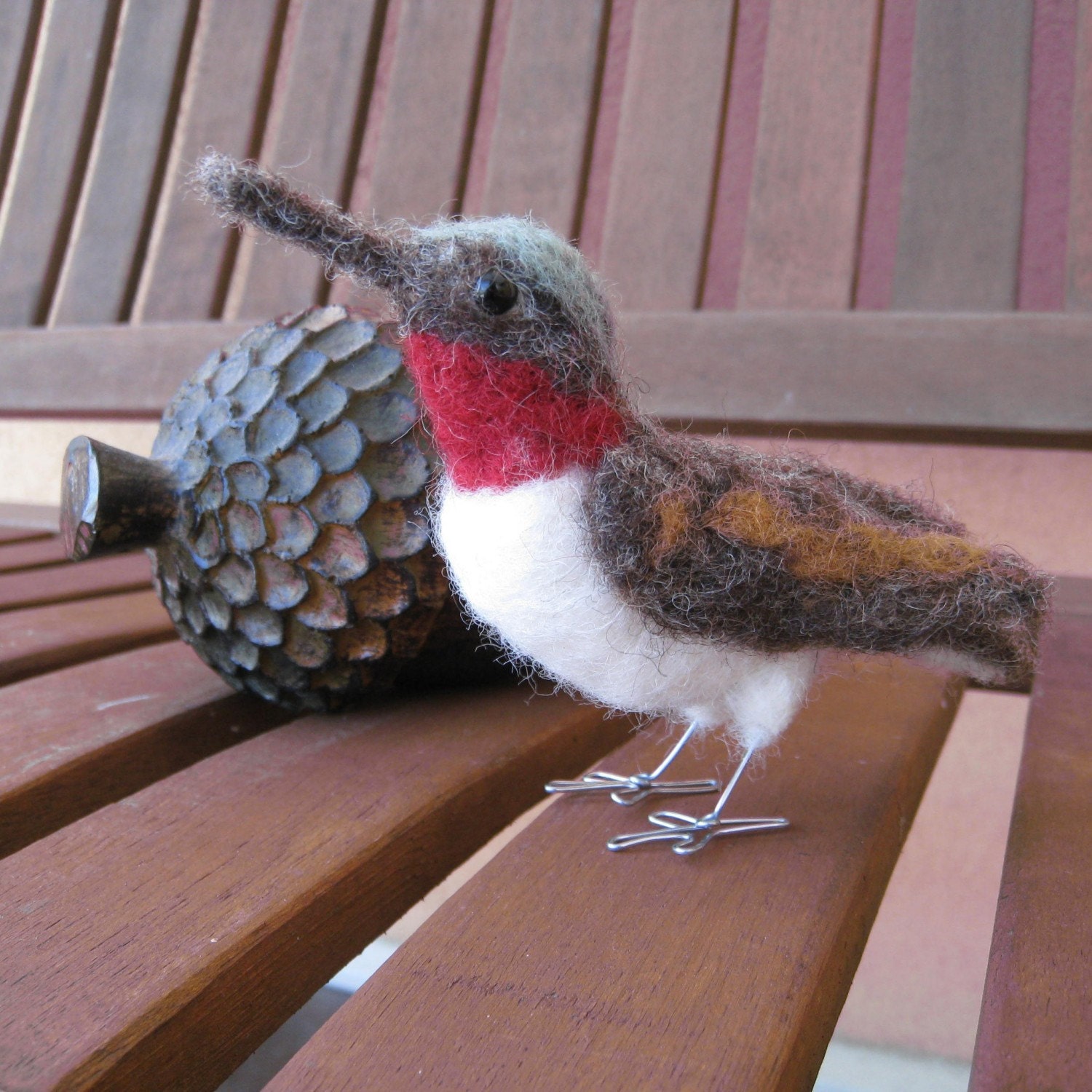 Mr. Ruby Throated Hummingbird, needle felted bird fiber sculpture