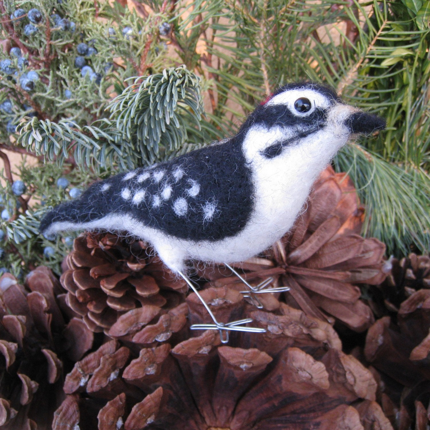 Mr. Downy Woodpecker, needle felted bird fiber sculpture