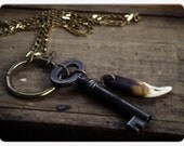 The Wolf at My Door. Antique key and wolf tooth rustic talisman unisex necklace.