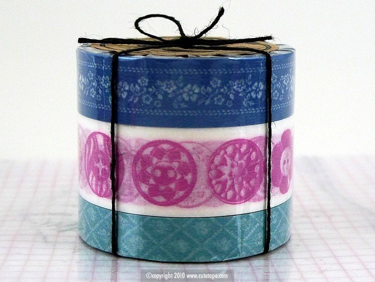 Floral Antique Button Notions Pattern Set of 3 BLUE Washi Tape- must have card making supplies