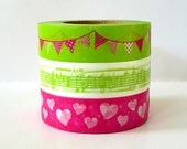 Party Time Japanese Washi Tape - Lime Green Paper Garland, Music Note, Pink Hearts - Set of 3