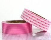 Japanese Masking Tape PINK Polka Dot and Stripes Pattern Set of 2 Pretty Tape