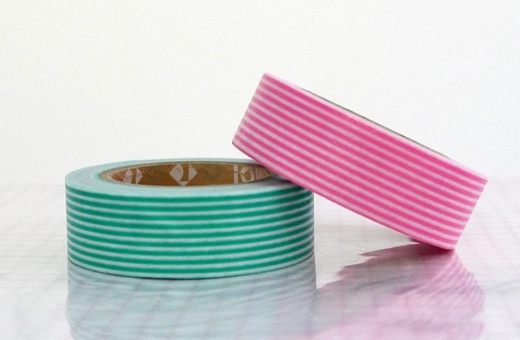 Japanese Washi Tape - Turquoise Pink Stripe Line Pattern Set of 2 mt Masking Tape- PrettyTape