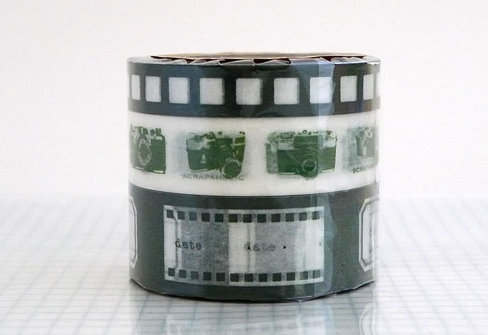 Japanese Washi Paper Tape - Camera Film GREEN - Set of 3 NEW  - Deco Tape for Scrapbooking, Collage, Journals