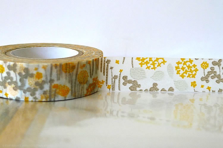 Japanese Washi Tape - Little Garden GREY and YELLOW Orange Masking Tape 15mm Wedding, Birthday, Gift Wrap and Packaging - PrettyTape