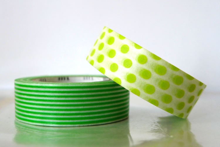 Dots and Stripe GREEN Washi Tape 15mm Japanese MT Masking Tape - PrettyTape - Set of 2