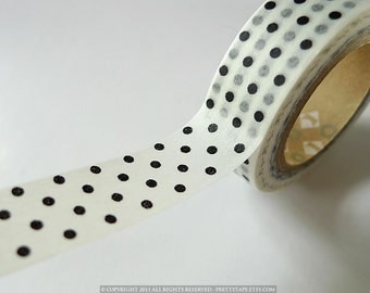 Black Polka Dots Japanese Washi Tape Black and White Pattern 15mm - from PrettyTape