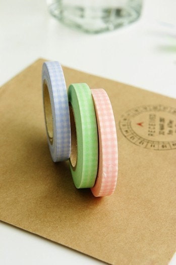 Adorable BLUE PINK GREEN Gingham Grid Japanese Washi Tape 7mm Set of 3
