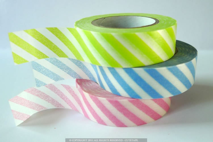 Pretty THICK Baby Pink Blue Green Stripes Japanese Washi Tape Set of 3 packaging and gift wrap