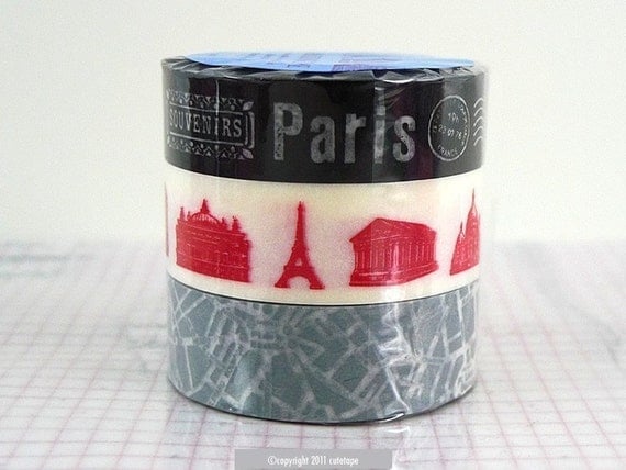 BLACK and WHITE Paris Tape Map Monuments japanese masking tapes - Set of 3
