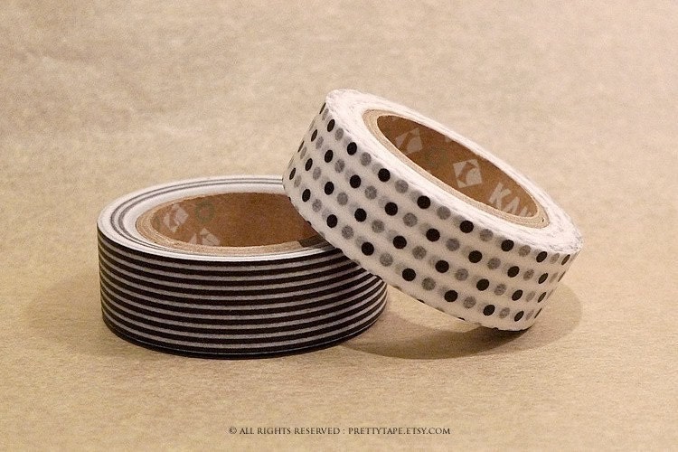 Black and White stripe dots Modern Japanese Masking Washi Tapes Set of 2 - from PrettyTape