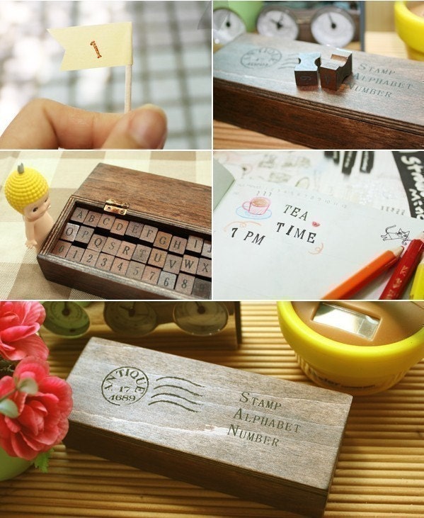42 Antique Style Alphabet and Number Wooden Rubber Stamps Set ( DISCOUNTED )