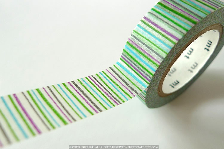 Japanese GREEN Stripes Washi Tape - SHIMA Vertical Lines 15mm - from PrettyTape