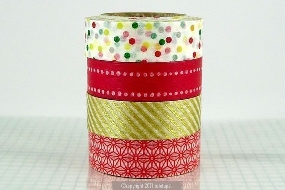 Japanese Washi Tape PrettyTape ReMIX mt Masking Tape - Polka, Dots, Red Gold Set of 4 Great for Christmas Decorations