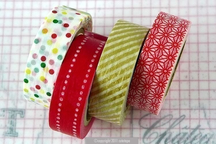 Japanese Washi Tape PrettyTape ReMIX mt Masking Tape - Polka, Dots, Red Gold Set of 4 Great for Christmas Decorations