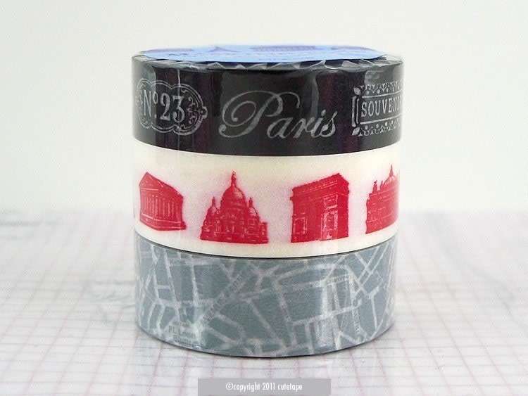 BLACK and WHITE Paris Tape Map Monuments japanese masking tapes - Set of 3