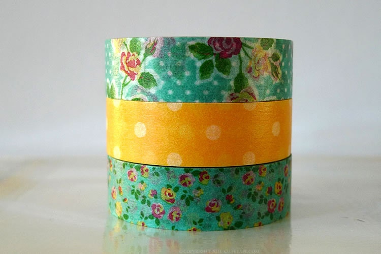 Aqua Green Yellow Washi Tape Roses Polka Dots masking tape - Set of 3 PrettyTape