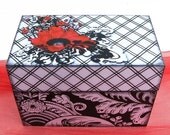 Custom Recipe Box Black, Red and White Damask Crimson Poppies Personalized
