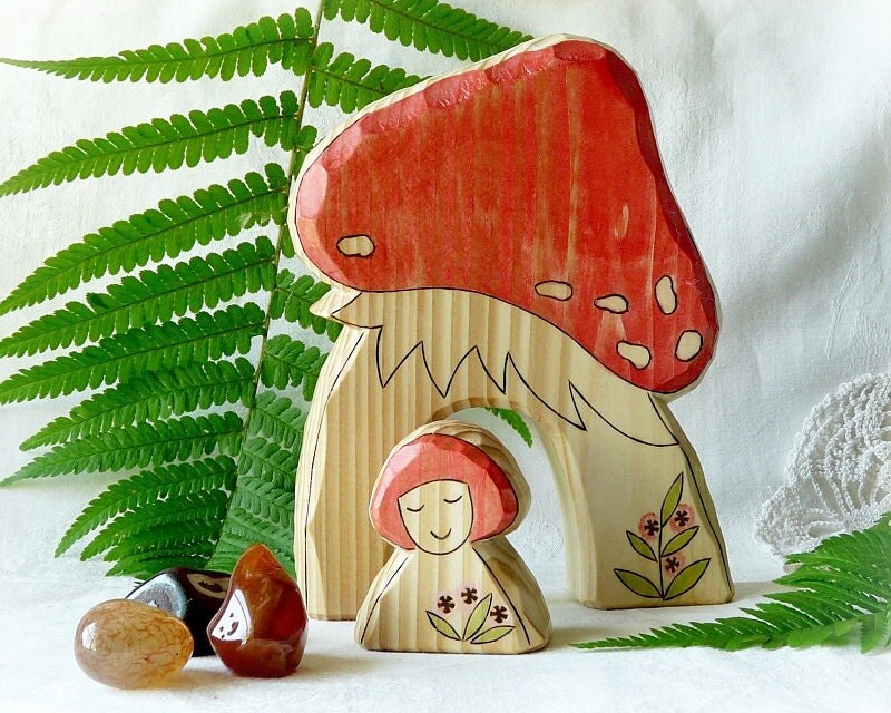 Fly Agaric MUSHROOM HOUSE  and gnome - waldorf wooden toy for nature table