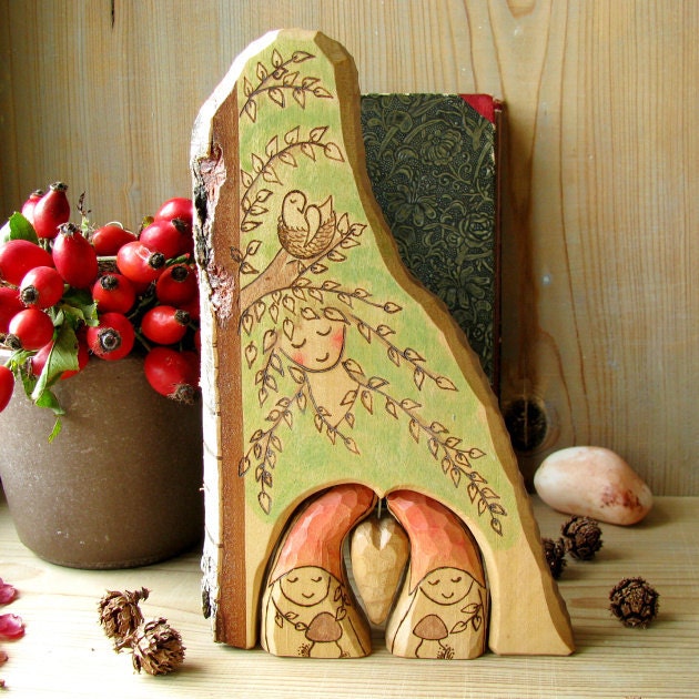 Guardian Dryad, 2 Gnomes and heart - waldorf nature table decoration, eco friendly birk wood kids toy - Rjabinnik